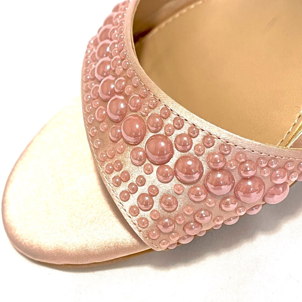 Copper Key Pink Faux Pearl Embellished Ankle Strap Coquette Wedge Sandals Size 8 - Picture 2 of 10
